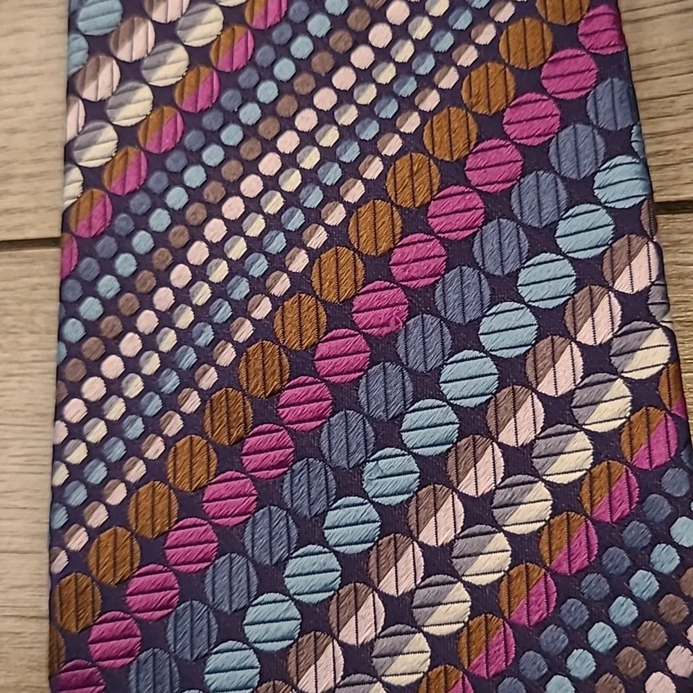 DUCHAMP‎ London Metallic Multicolor Dots Circles Striped Pattern Silk Tie RARE